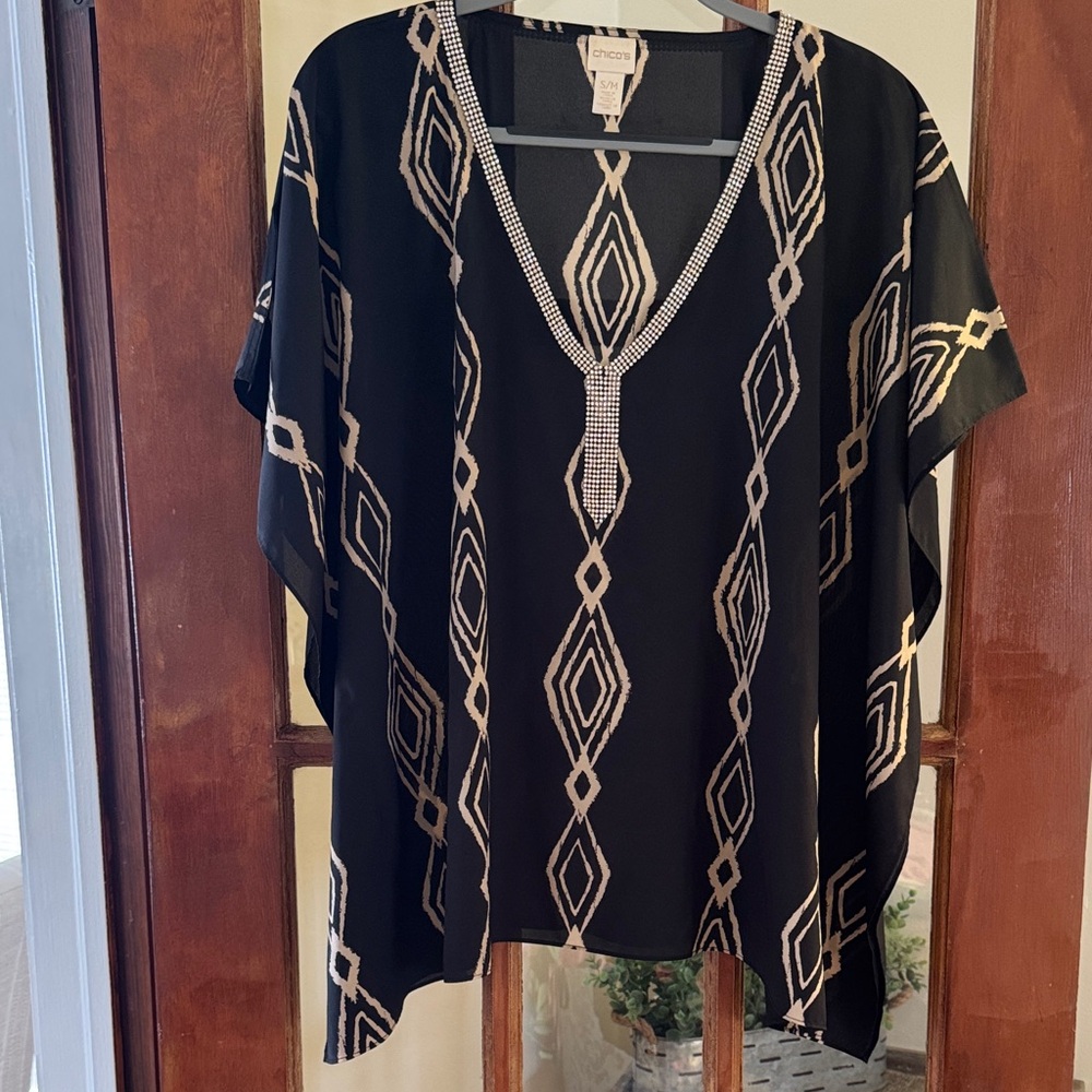 Chico's Black and Tan Diamond Pattern Blouse